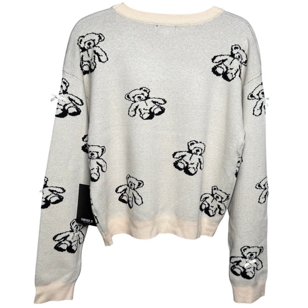 Forever 21 Teddy Bear Bow Intarsia Knit Sweater Cream Black Size Large - Picture 3 of 9